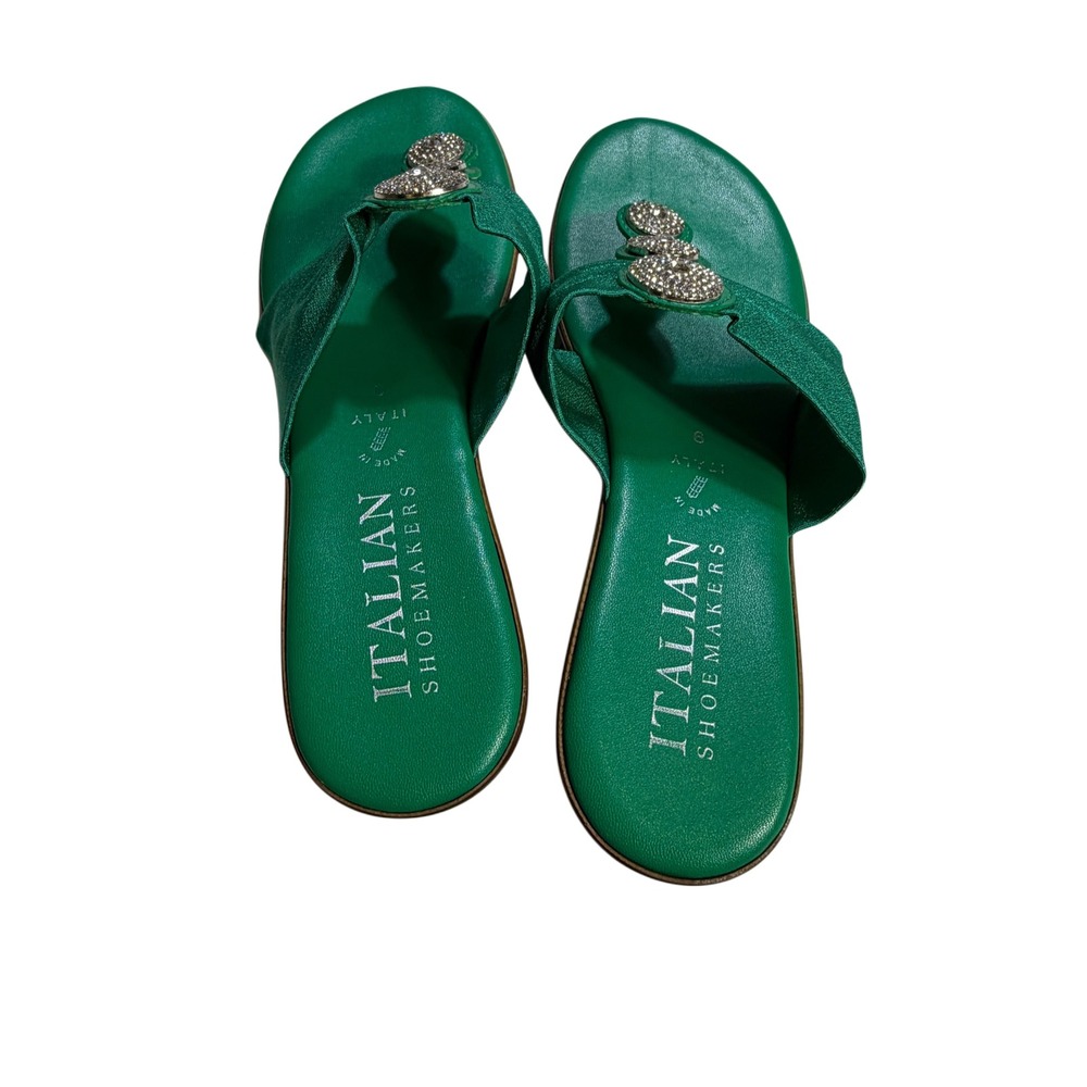Italian Shoemakers Green Rhinestone Bow Wedge Sandals Size 9 Resort Glam - Picture 3 of 6